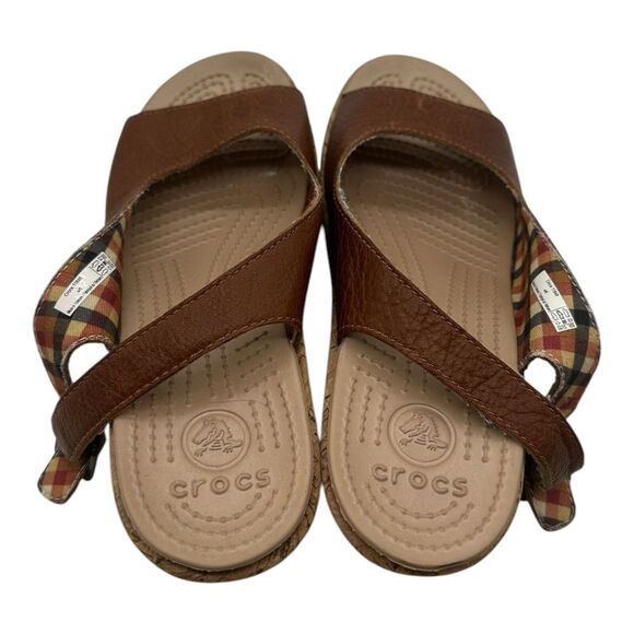 Crocs Wedge A-Leigh Sandals Womens 6 Brown Slingback Cork Heel 11848 - Picture 9 of 11